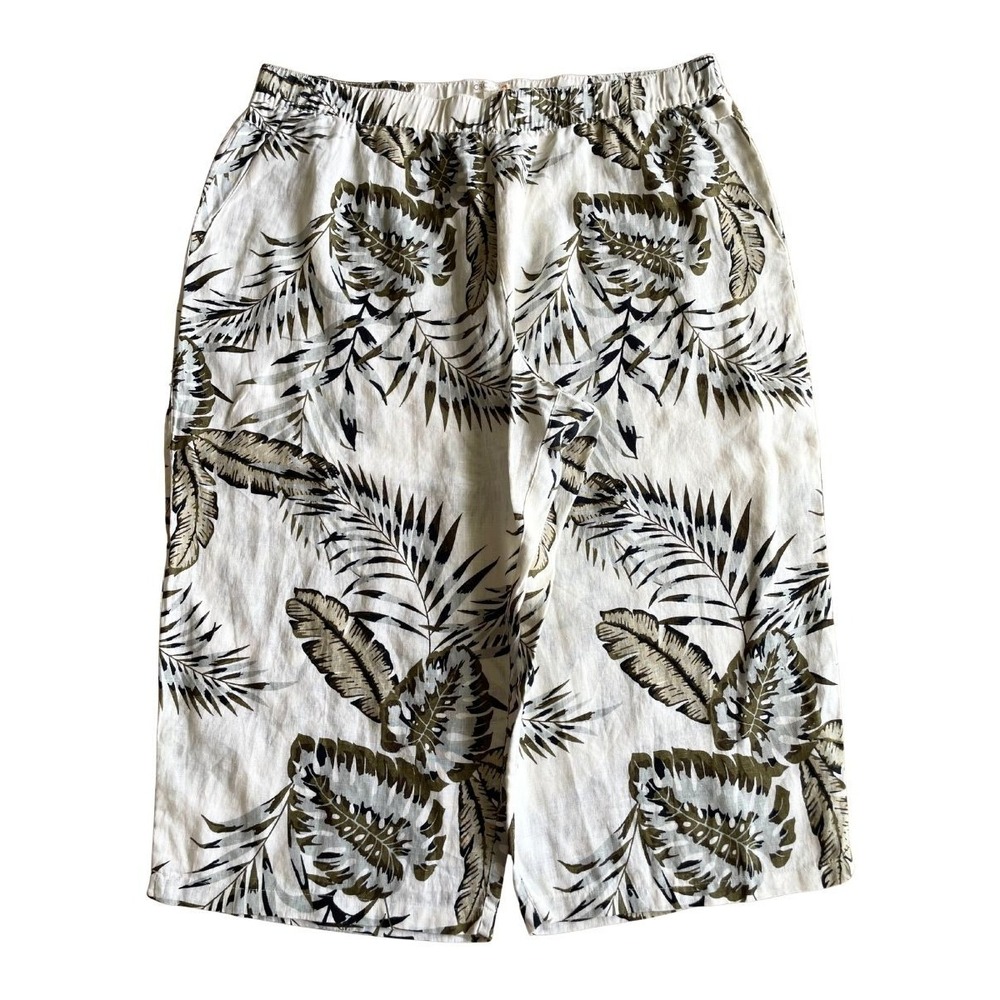 C&C California Linen Crop Pants 3X Tropical Palm Leaf Wide Leg Pull On Pockets